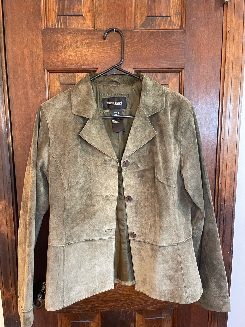 Brandon Thomas Genuine Suede Leather Olive Green Button Front Jacket Sz M